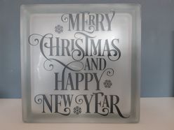 Glasblok "Merry Christmas and Happy New Year"